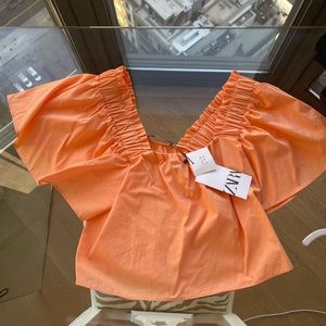 Zara orange flow top with puff sleeves